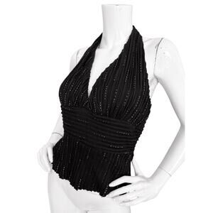 Cache Vintage Y2K Beaded Micro Pleat Shimmering Halter Top Size 10 Black